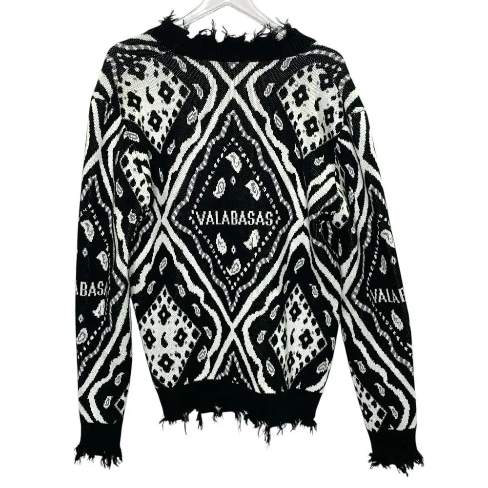 Valabasas S Mens The Pledge Sweater Cardigan Black Distressed Bandana Print